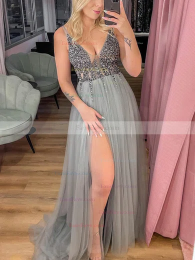 A-line V-neck Tulle Sweep Train Prom Dresses With Split Front #Favs020111961