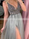 A-line V-neck Tulle Sweep Train Prom Dresses With Split Front #Favs020111961