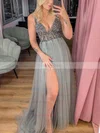 A-line V-neck Tulle Sweep Train Prom Dresses With Split Front #Favs020111961
