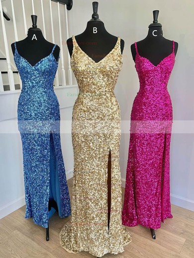 Sheath/Column V-neck Sequined Sweep Train Prom Dresses With Split Front #Favs020111985
