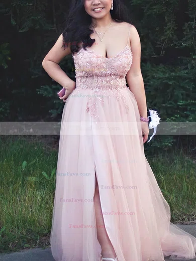 A-line V-neck Tulle Floor-length Prom Dresses With Split Front #Favs020112034