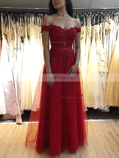A-line Off-the-shoulder Tulle Floor-length Prom Dresses With Sashes / Ribbons #Favs020112037