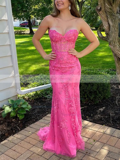 Trumpet/Mermaid Sweetheart Tulle Sweep Train Prom Dresses With Appliques Lace #Favs020112068