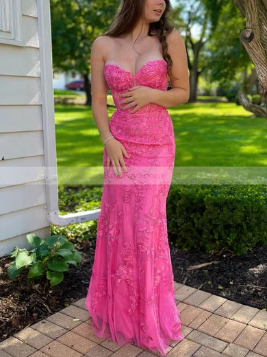 Trumpet/Mermaid Sweetheart Tulle Sweep Train Prom Dresses With Appliques Lace #Favs020112068