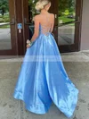 A-line V-neck Satin Sweep Train Prom Dresses #Favs020112087