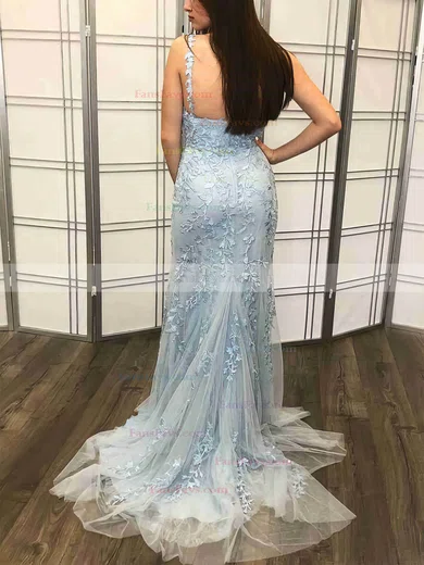 Trumpet/Mermaid V-neck Tulle Sweep Train Prom Dresses With Split Front #Favs020112111