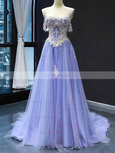 Princess Off-the-shoulder Tulle Sweep Train Prom Dresses With Appliques Lace #Favs020112131