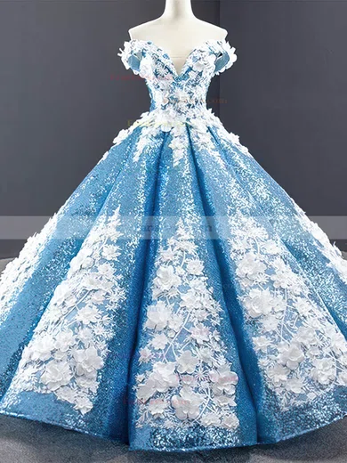 Ball Gown Off-the-shoulder Sequined Floor-length Prom Dresses With Flower(s) #Favs020112133