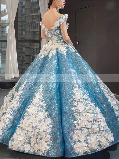 Ball Gown Off-the-shoulder Sequined Floor-length Prom Dresses With Flower(s) #Favs020112133