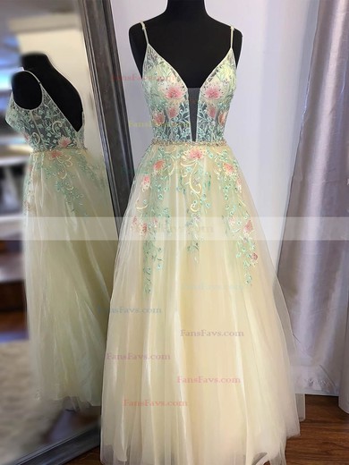 A-line V-neck Tulle Floor-length Prom Dresses With Beading #Favs020112182