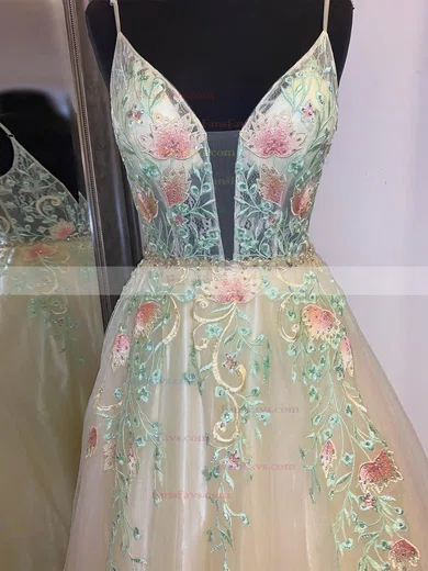 A-line V-neck Tulle Floor-length Prom Dresses With Beading #Favs020112182