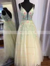 A-line V-neck Tulle Floor-length Prom Dresses With Beading #Favs020112182
