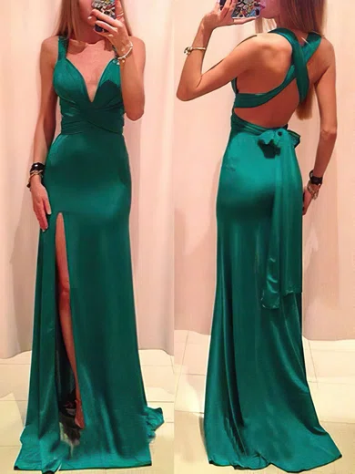 Sheath/Column V-neck Silk-like Satin Floor-length Sashes / Ribbons Prom Dresses #Favs02018713