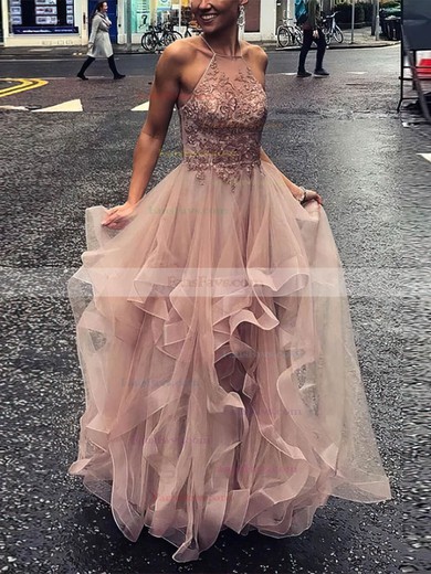 A-line Scoop Neck Tulle Floor-length Prom Dresses With Cascading Ruffles #Favs020112191