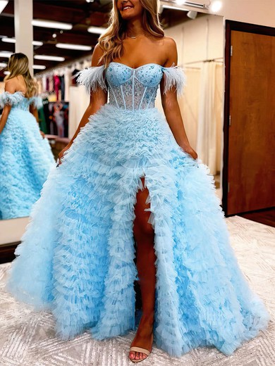A-line Off-the-shoulder Tulle Sweep Train Prom Dresses With Feathers / Fur #Favs020112196