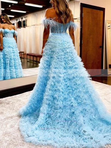 A-line Off-the-shoulder Tulle Sweep Train Prom Dresses With Feathers / Fur #Favs020112196
