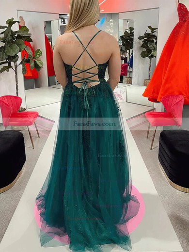 A-line Scoop Neck Lace Tulle Sweep Train Prom Dresses With Split Front #Favs020112205