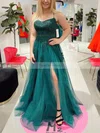 A-line Scoop Neck Lace Tulle Sweep Train Prom Dresses With Split Front #Favs020112205