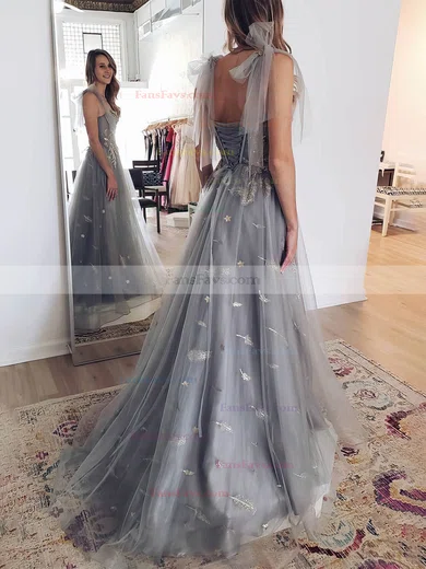 A-line Sweetheart Lace Tulle Sweep Train Prom Dresses With Appliques Lace #Favs020112237