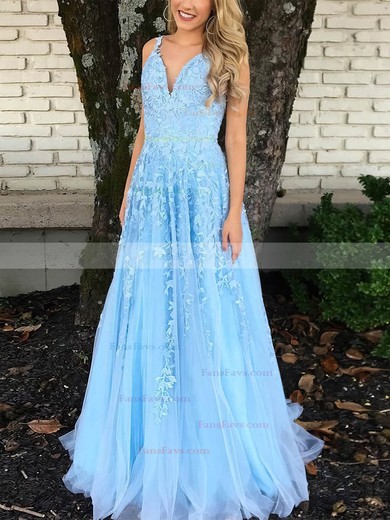 A-line V-neck Lace Tulle Sweep Train Prom Dresses With Beading #Favs020112240