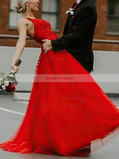 A-line V-neck Lace Tulle Sweep Train Prom Dresses With Beading #Favs020112240