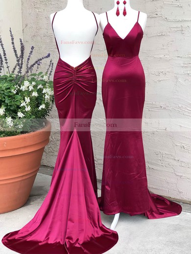 Trumpet/Mermaid V-neck Silk-like Satin Sweep Train Prom Dresses With Ruffles #Favs020112243