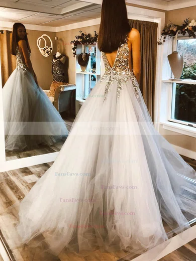 A-line V-neck Tulle Sweep Train Prom Dresses With Beading #Favs020112257