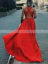 A-line V-neck Silk-like Satin Sweep Train Prom Dresses With Split Front #Favs020112264
