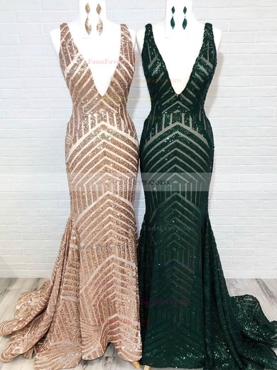Trumpet/Mermaid V-neck Sequined Sweep Train Prom Dresses #Favs020112271
