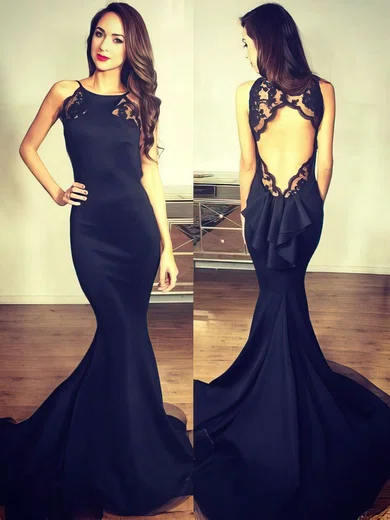 Sheath/Column Scoop Neck Silk-like Satin Sweep Train Appliques Lace Prom Dresses #Favs02018883