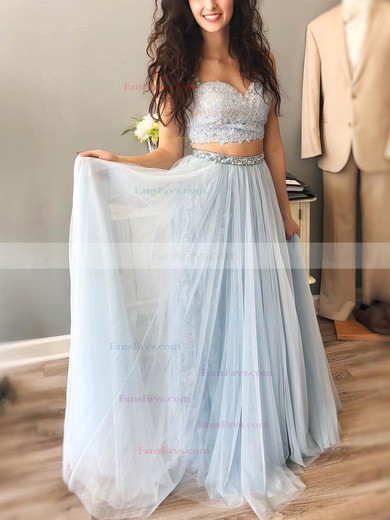 A-line V-neck Lace Tulle Sweep Train Prom Dresses With Sashes / Ribbons #Favs020112294