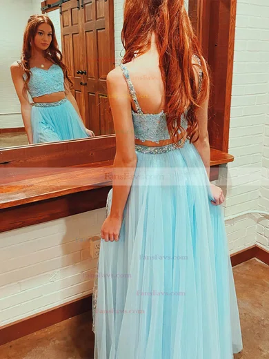 A-line V-neck Lace Tulle Sweep Train Prom Dresses With Sashes / Ribbons #Favs020112294