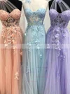 A-line One Shoulder Tulle Sweep Train Prom Dresses With Appliques Lace #Favs020112297