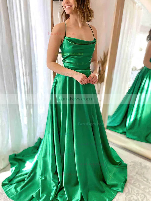 A-line Cowl Neck Silk-like Satin Sweep Train Prom Dresses With Split Front #Favs020112306