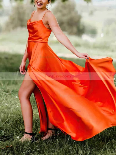 A-line Cowl Neck Silk-like Satin Sweep Train Prom Dresses With Split Front #Favs020112306