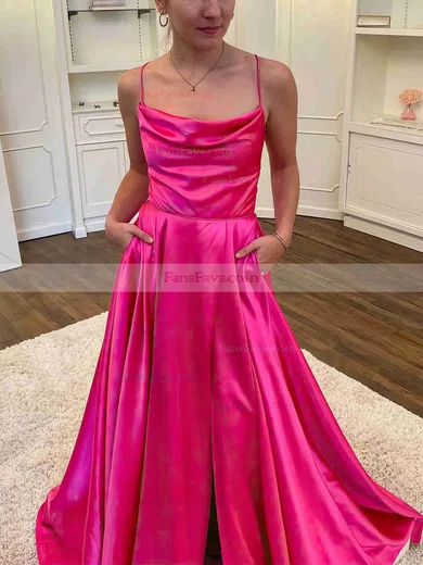 A-line Cowl Neck Silk-like Satin Sweep Train Prom Dresses With Split Front #Favs020112306