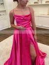 A-line Cowl Neck Silk-like Satin Sweep Train Prom Dresses With Split Front #Favs020112306
