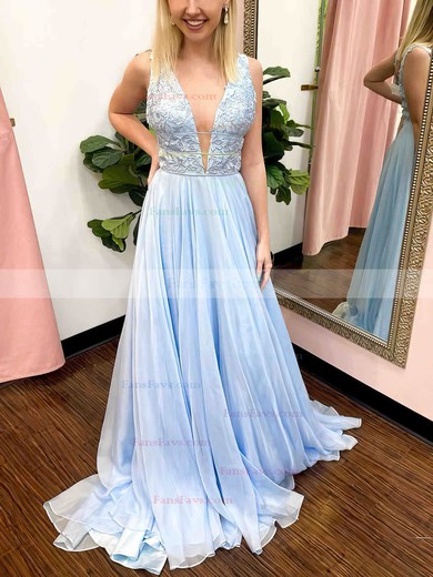 A-line V-neck Chiffon Sweep Train Prom Dresses With Appliques Lace #Favs020112317