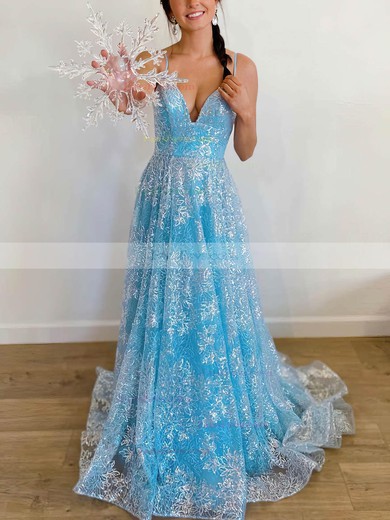 A-line V-neck Lace Sweep Train Prom Dresses #Favs020112329