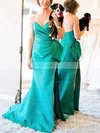 Sheath/Column V-neck Satin Sweep Train Prom Dresses With Split Front #Favs020112343