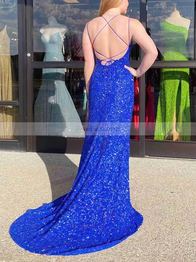 Sheath/Column Scoop Neck Sequined Sweep Train Prom Dresses With Split Front #Favs020112346