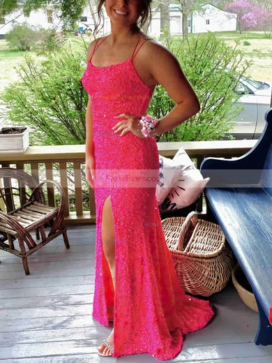 Sheath/Column Scoop Neck Sequined Sweep Train Prom Dresses With Split Front #Favs020112346