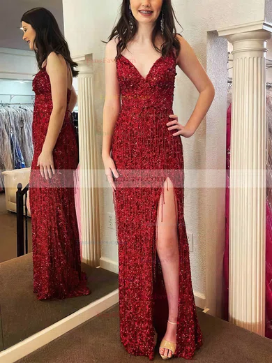 Sheath/Column V-neck Sequined Floor-length Prom Dresses With Split Front #Favs020112351