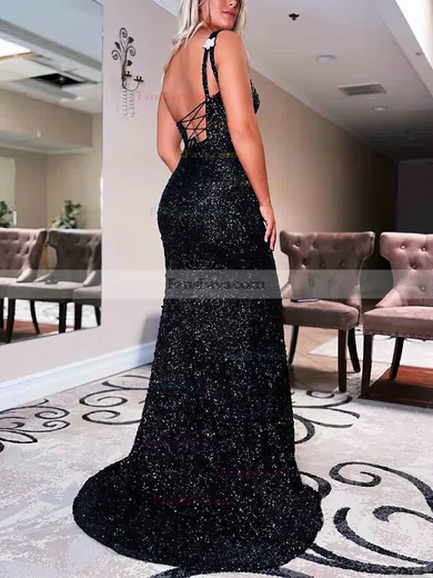 Sheath/Column One Shoulder Sequined Sweep Train Prom Dresses With Split Front #Favs020112356