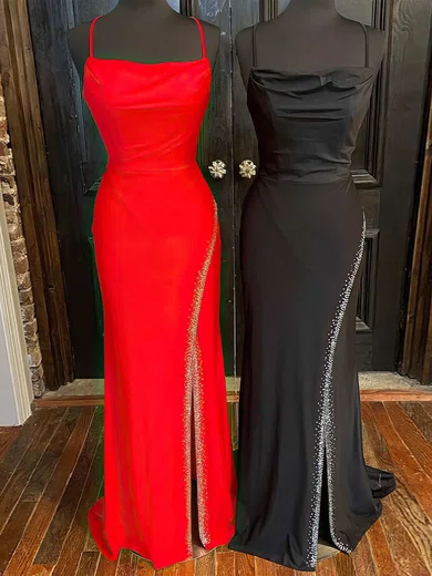 Sheath/Column Cowl Neck Jersey Floor-length Prom Dresses With Split Front #Favs020112359