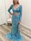Trumpet/Mermaid V-neck Sequined Sweep Train Prom Dresses With Split Front #Favs020112362