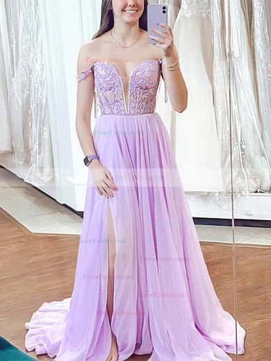 A-line Off-the-shoulder Chiffon Sweep Train Prom Dresses With Split Front #Favs020112372