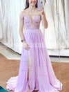 A-line Off-the-shoulder Chiffon Sweep Train Prom Dresses With Split Front #Favs020112372