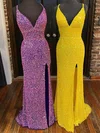 Sheath/Column V-neck Sequined Floor-length Prom Dresses With Split Front #Favs020112379