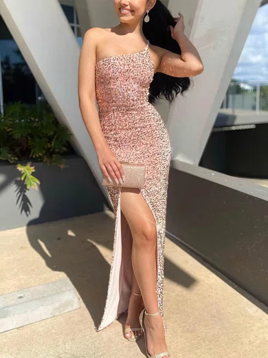 Sheath/Column One Shoulder Sequined Floor-length Prom Dresses With Split Front #Favs020112386
